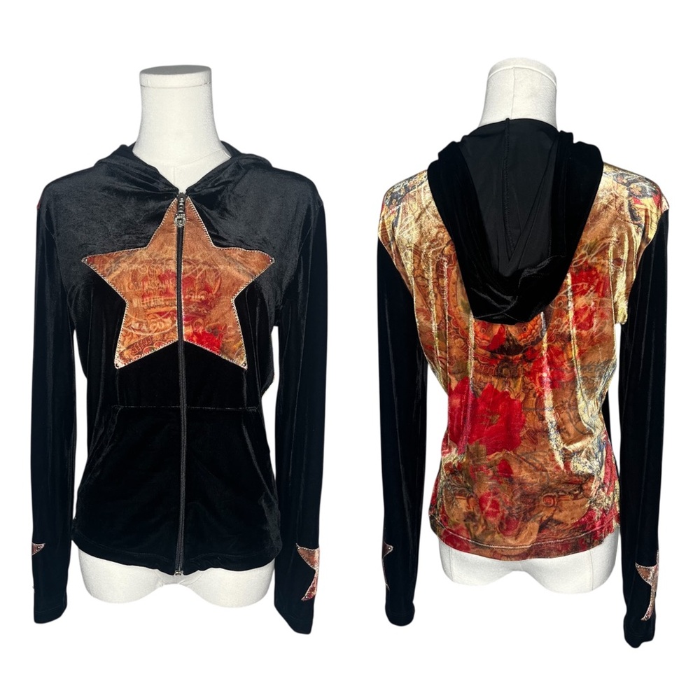 Y2K Vintage Love Amour Black Velour Star Graphic Zip Up Hoodie Jacket